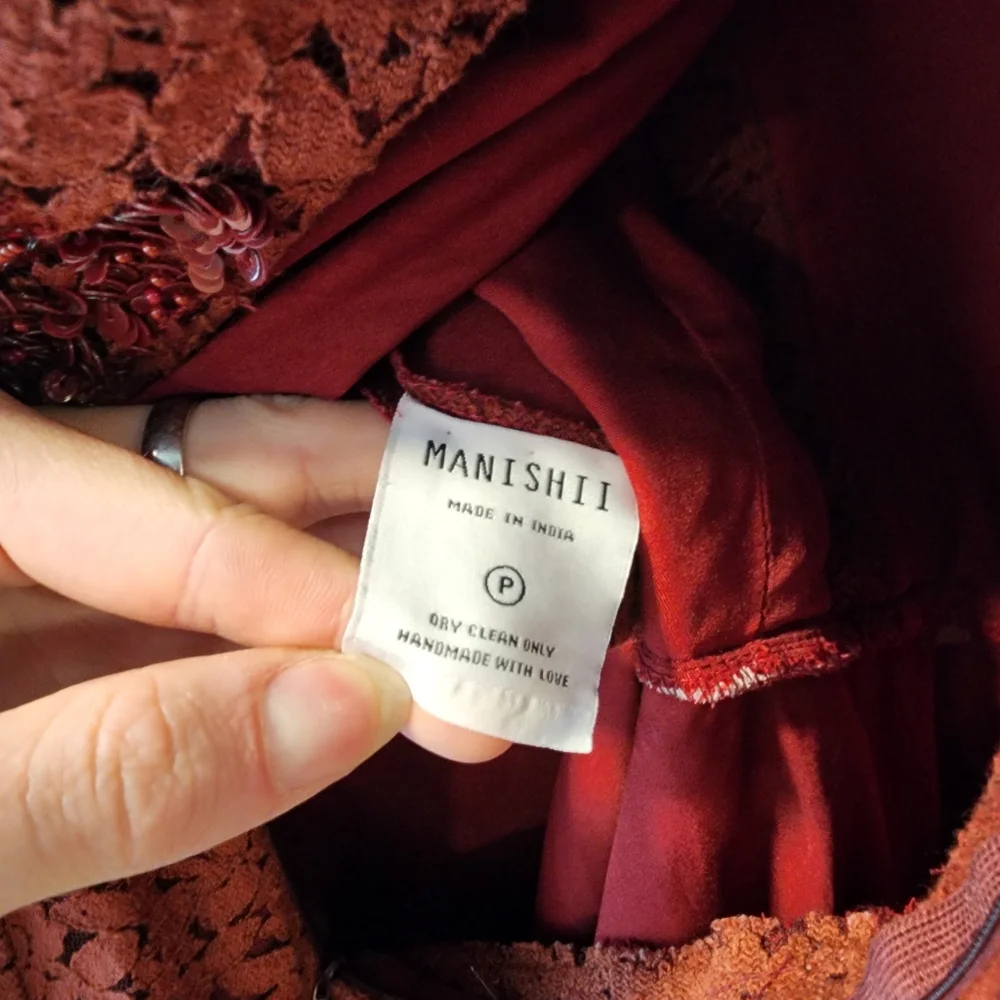 Manishii Rust/Ruby Sequin Embroidered Lace Anarkali Gown Dress Pakistani - Picture 9 of 11